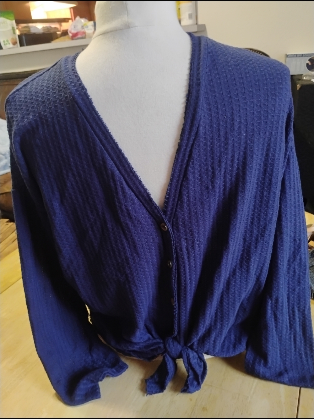 Forever 21 Navy Waffle-Knit Button-Front Tie Top